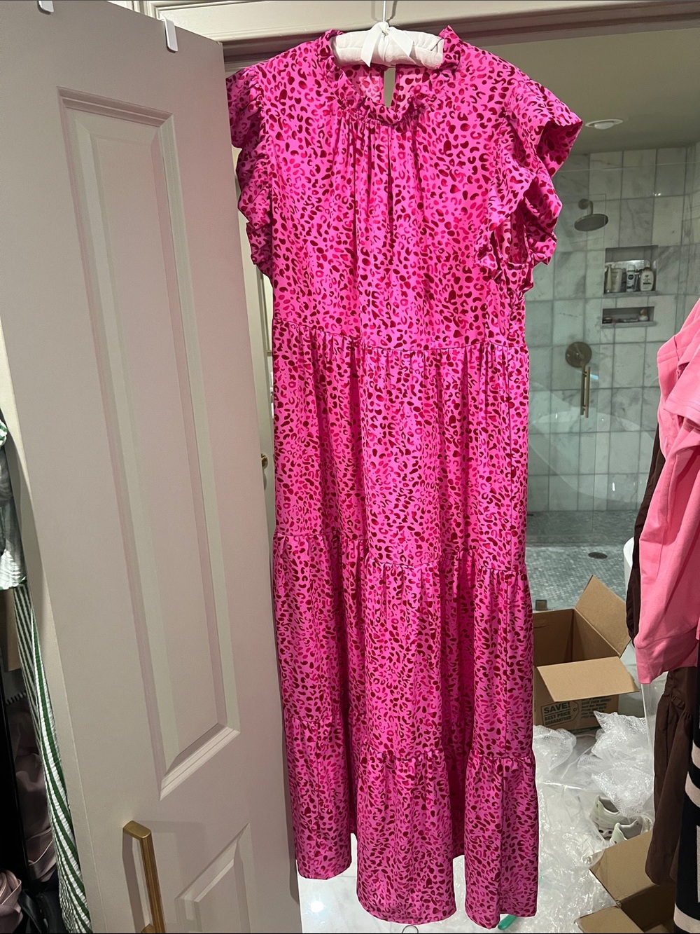 Hot Pink Leopard Print Ruffle Sleeve Maxi Dress - Picture 1 of 4